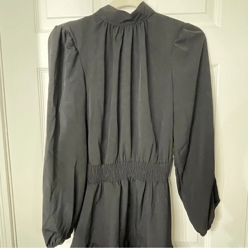Nine. Eight New York Black Tie Neck Smocked Waist Tiered Mini Dress Medium - Picture 3 of 9